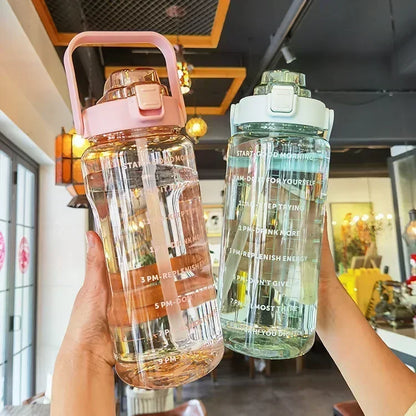 2L or 67.6oz Portable Water Bottle with Straw & Time Marker, Large Capacity Plastic Drink Bottle for Outdoor Sports & Fitness