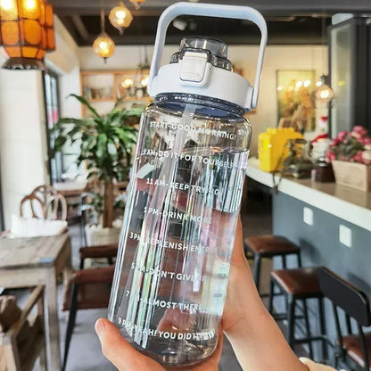 2L or 67.6oz Portable Water Bottle with Straw & Time Marker, Large Capacity Plastic Drink Bottle for Outdoor Sports & Fitness
