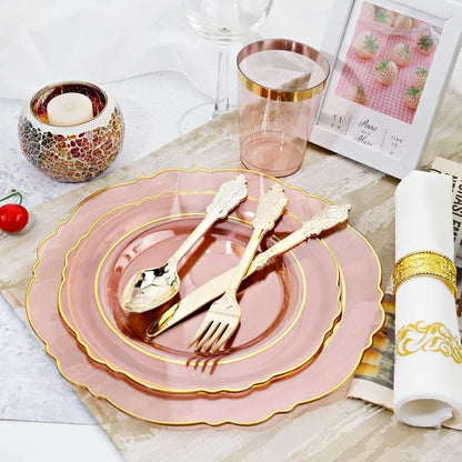 210Pcs Pink Plastic Plates with Gold Rim Dinnerware Set