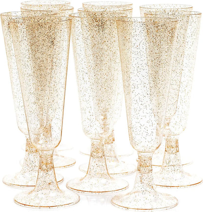 50/25 Gold Glitter Plastic Champagne Flutes 5oz Clear Cups
