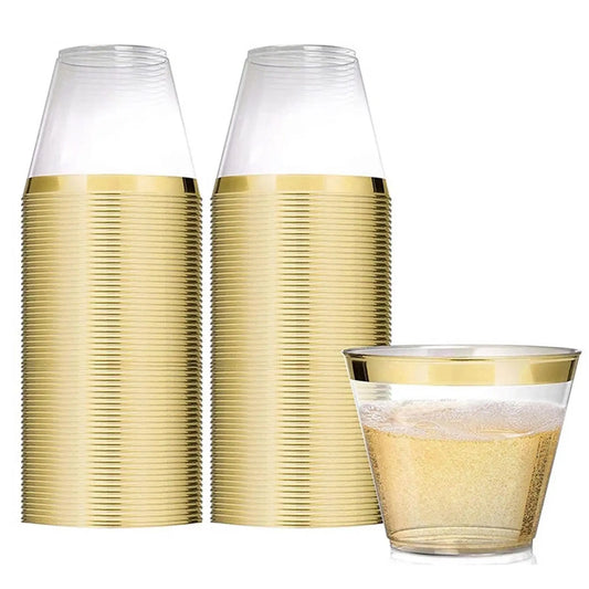 100 Pack Plastic Cup 9 Oz Hard Disposable Wine Glass Gold Rim