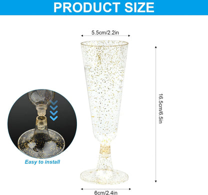 50/25 Gold Glitter Plastic Champagne Flutes 5oz Clear Cups