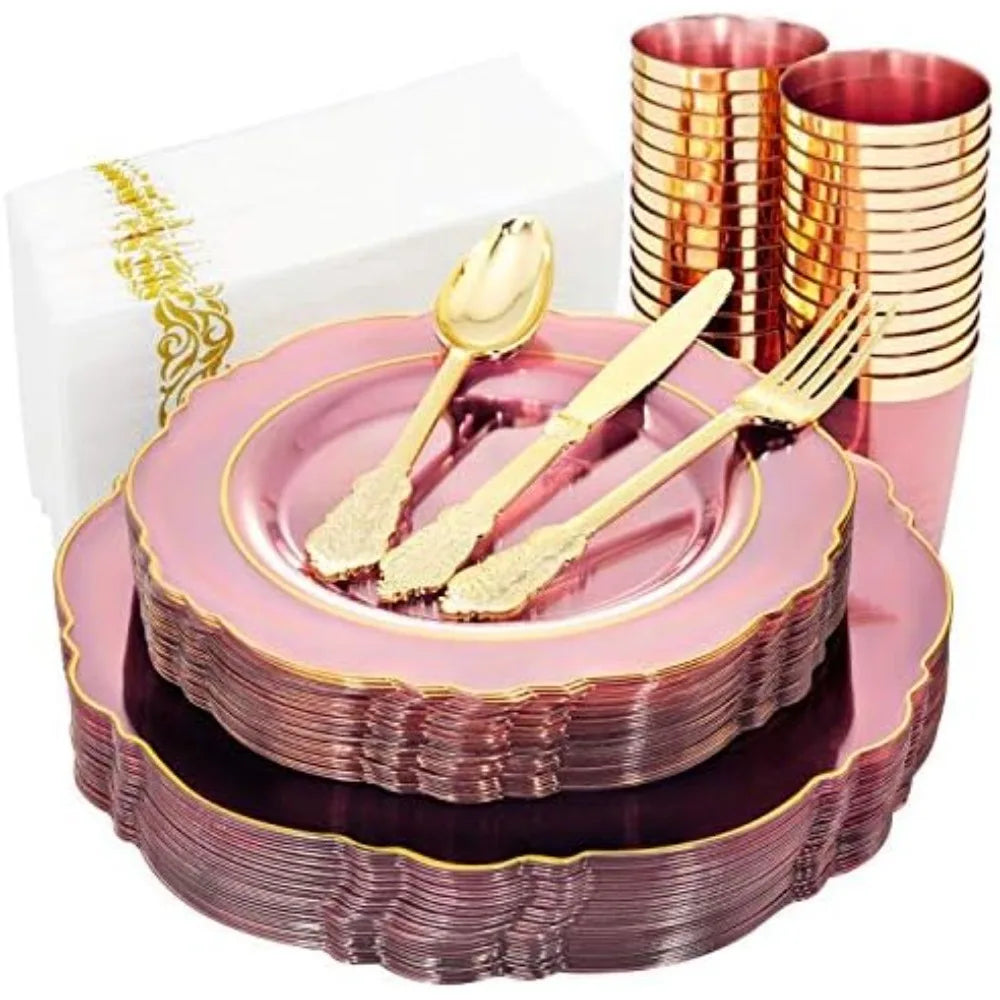 210Pcs Pink Plastic Plates with Gold Rim Dinnerware Set