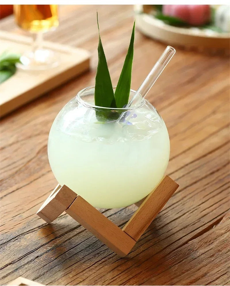 Creative Round Ball Glass Cup with Wood Stand Straw Wine Cocktail Glass Cup