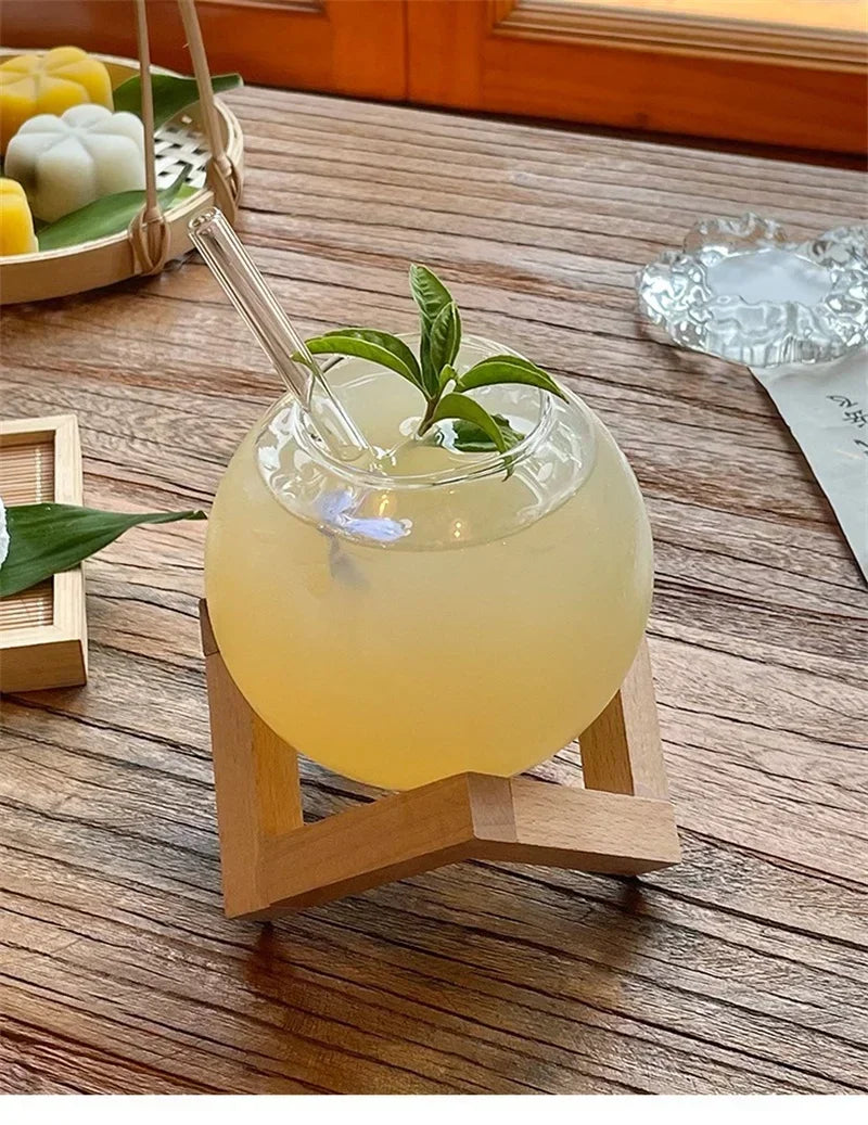 Creative Round Ball Glass Cup with Wood Stand Straw Wine Cocktail Glass Cup