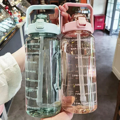 2L or 67.6oz Portable Water Bottle with Straw & Time Marker, Large Capacity Plastic Drink Bottle for Outdoor Sports & Fitness