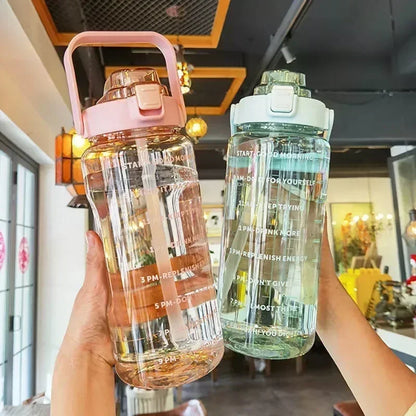 2L or 67.6oz Portable Water Bottle with Straw & Time Marker, Large Capacity Plastic Drink Bottle for Outdoor Sports & Fitness